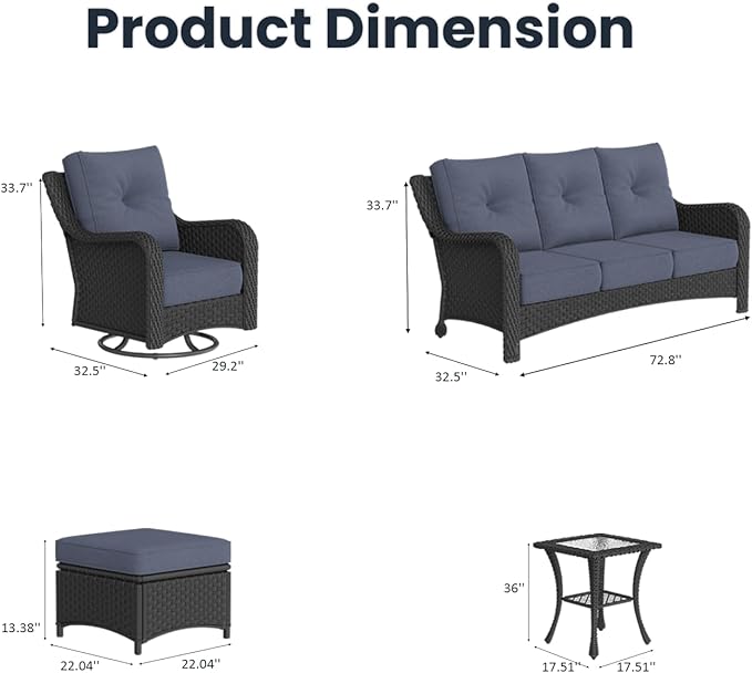 9 Pieces Outdoor Patio Furniture Sets with Rocking Swivel Chairs with 6-inch Thick Cushion and Side Table for Deck Lawn