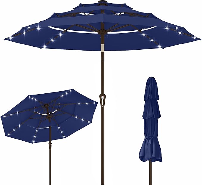 Kingdura 10ft 3-Tier Patio Umbrella with Solar Lights, Table Umbrella Outdoor Patio with Easy Crank & Tilt, 8 Sturdy Ribs, UV Protection, 32 LED Lights for Deck, Poolside, Market (Navy blue)