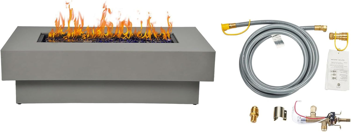 48-inch Fire Table with Natural Gas Conversion Kit, 50,000BTU Outdoor Modern Patio Fire Pit Table w/Rectangular Burner Lid, Glass Rocks, Cover