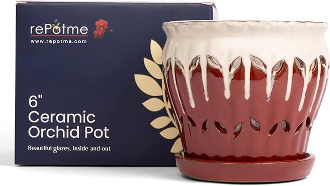 rePotme 6 inch Pinwheel Fluted Ceramic Plant Pot (Cream Over Garnet) - Includes Free 6 inch Slotted Pot Liner - Great for Orchids, Succulents, and All Indoor Plants
