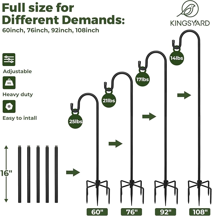 Kingsyard Adjustable Shepherd Hooks for Outdoor - 76 INCH Heavy Duty Bird Feeder Pole with 5 Prong Base, Hummingbird Feeder Stand, Garden Plant Baskets, Weddings Decor, Solar Light Lanterns