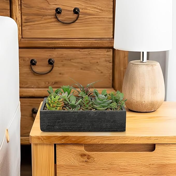 Artificial Succulent Plants in Pot 10 Inch Fake Succulent Arrangement Potted Succulents Plants Centerpiece in Rectangular Wooden Planter for Home Office Desk Shelf Living Room Bedroom Farmhouse Decor