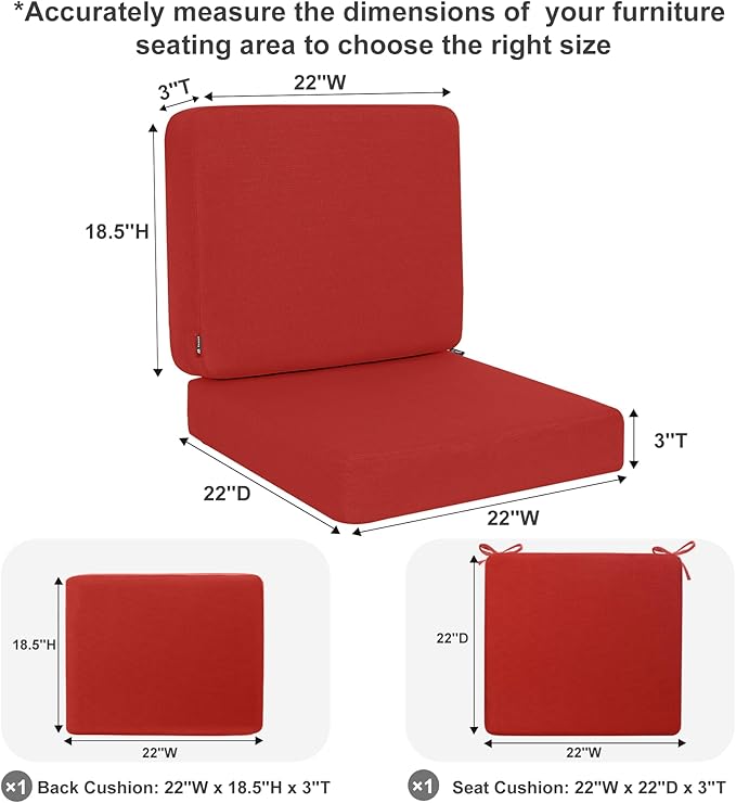 Favoyard Outdoor Deep Seat Cushion Set, 22 x 22 Inch Rainproof & 3-Year Fade Resistant Patio Furniture Cushions, Removable Seat Bottom & Back Cushion covers with Ties for Chair, Sofa, Couch, Red