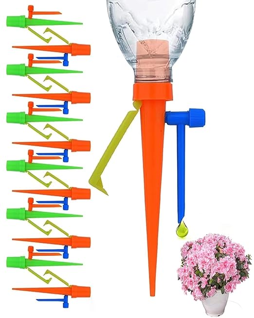 Upgrade Self Watering Planter Insert, Self Watering Spike with Long Dripper & Valve Switch, Adjustable Plant Watering Devices, Automatic Watering System for Outdoor & Indoor Plants (12, Green+Orange)