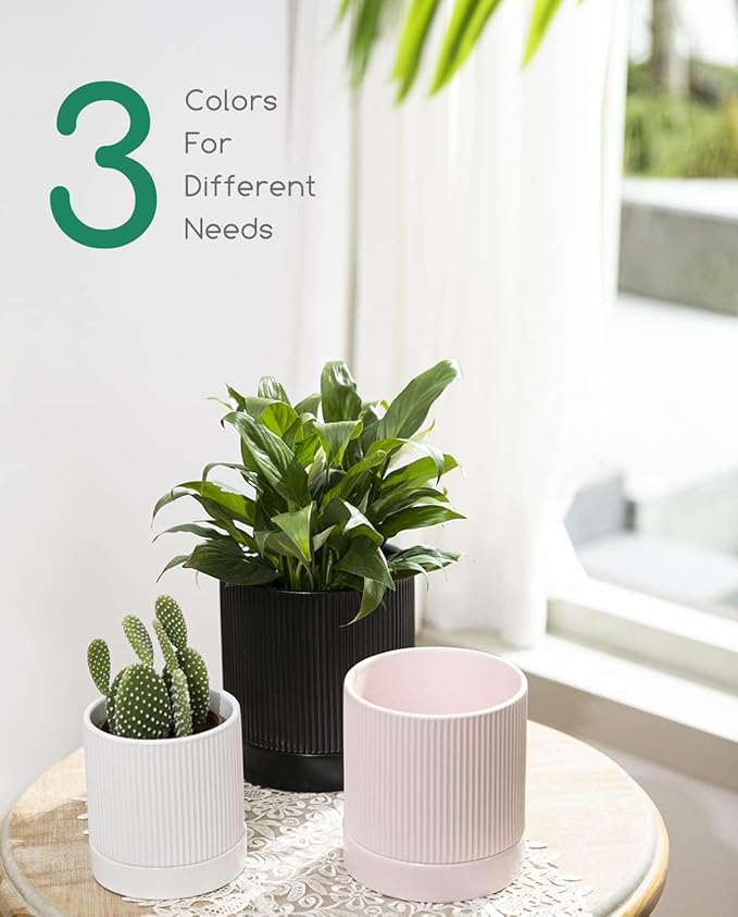 LaDoVita 3 Pack Ceramic Plant Pots 6/5/4 inch, Flowerpot for Indoor Plants with Drainage Holes and Tray, Outdoor Garden Planters, Modern Decorative for Home, Pink Vertical Stripes