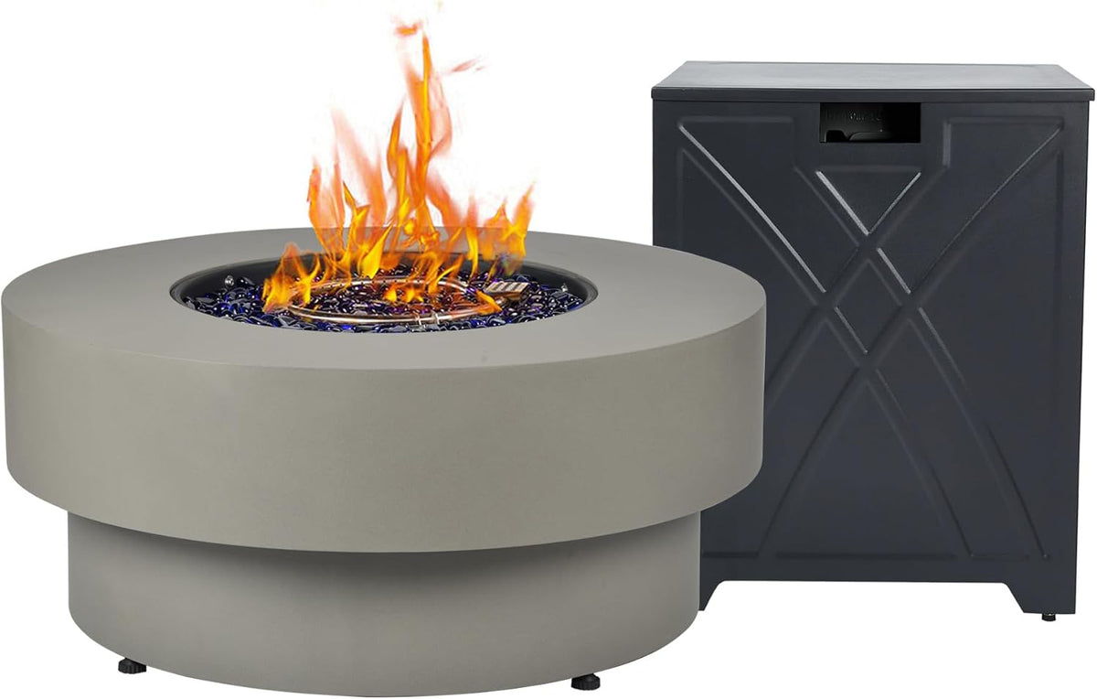 32.5-inch Outdoor Gas Fire Pit with 20lb Propane Tank Cover Table, 50,000BTU Propane Gas Fire Pits for Outside Patio w/Round Burner Lid, Glass Rocks, Pre-Attached 10ft External Gas Hose