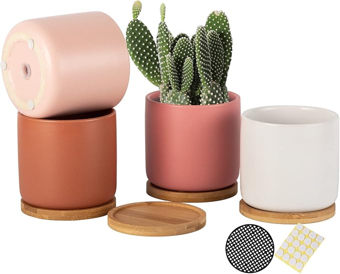 OMAYKEY 4 Inch Ceramic Plant Pot with Saucer, Multicolor Planters Pots with Drainage Hole and Mesh Pads for Succulent, Indoor Flowers, Snake Plants, Cactus, Herbs, Set of 4 (Plant Not Included)