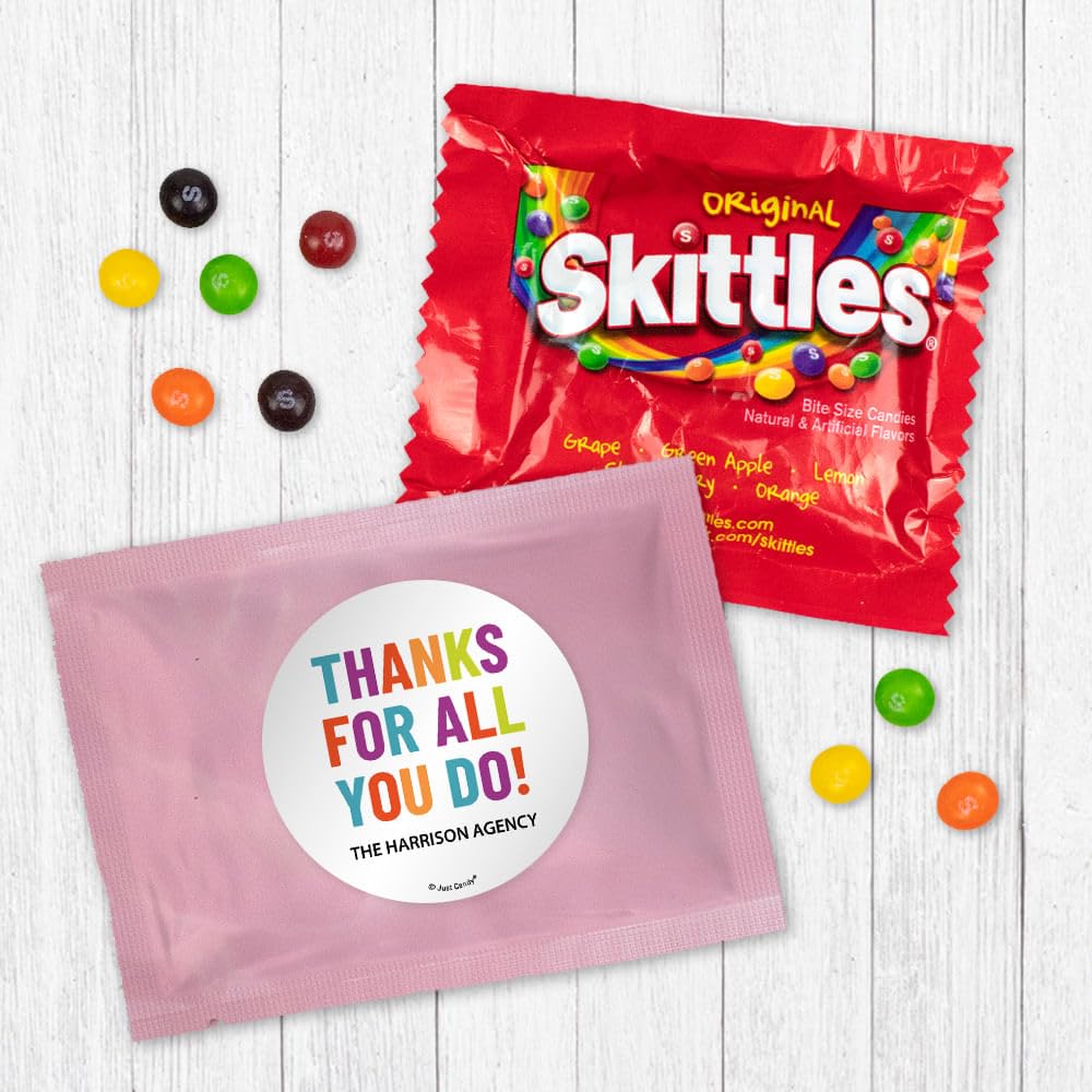 24 Pack Thanks For All You Do Personalized Candy Favor Bags Filled With Coated Fruit Chew Minis For Corporate Favors, Event Giveaways, Thank You Gifts