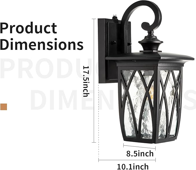 JYZ Dusk to Dawn Outdoor Wall Lantern, Craftsman Style Large Exterior Sconce Light with Water Ripple Glass, Traditional Porch Light Fixture Wall Mount Lamp for Front Porch Doorway Garage Patio Garden