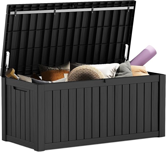 Mars Villa 119 Gallon Outdoor Storage Box Waterproof, Large Resin Deck Box for Pool Supplies Storage, Outdoor Patio Furniture Cushions, with Hydraulic Hinge, UV-Resistant and Weatherproof, Black