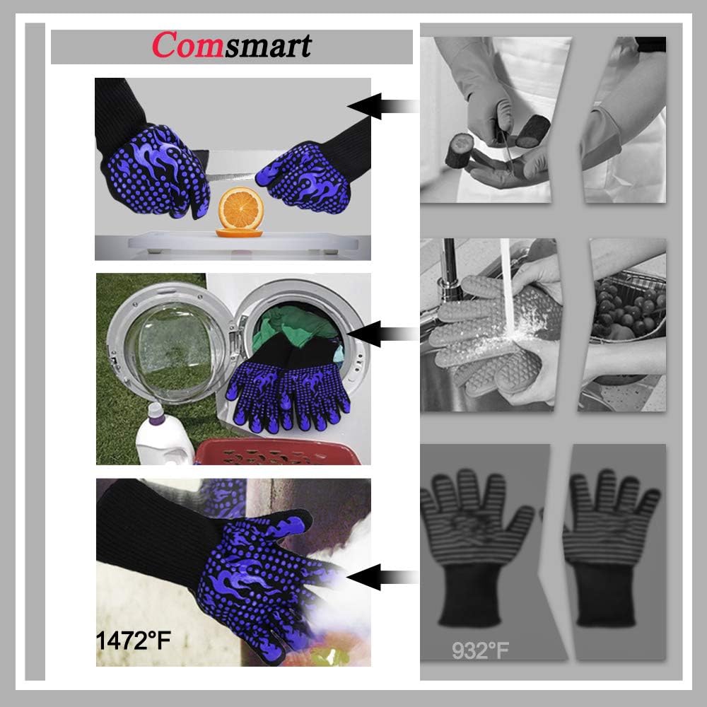 Comsmart BBQ Gloves, 1472F Heat Resistant Silicone Non-Slip Oven Mitts, Long Kitchen Gloves Perfect for Grilling, Cooking, Baking, Cutting, Blue