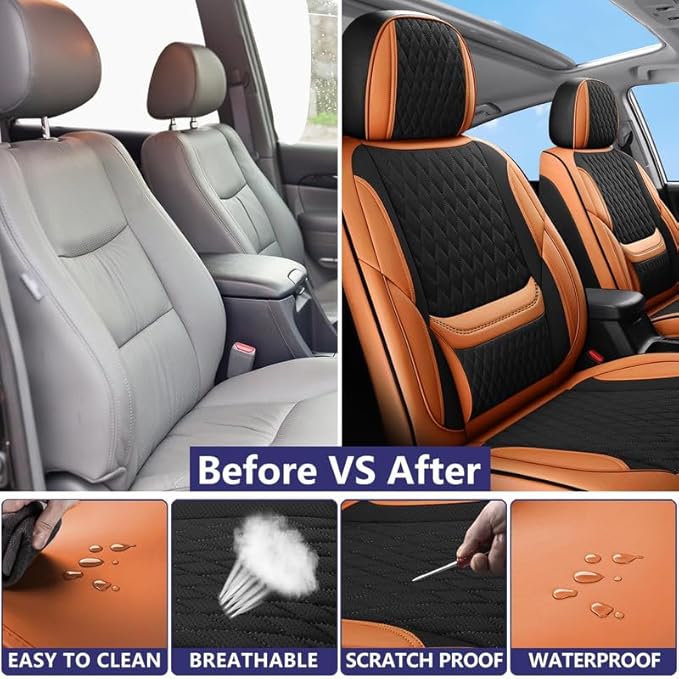 Car Seat Covers Full Set Custom Fit for Ford Escape 2001-2026 - Premium Faux Leather with Lumbar Support | Breathable, Waterproof, Anti-Slip, Durable (Black&Brown,Full Set)