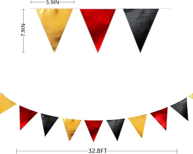 Red Black Gold Party Decorations Metallic Fabric Triangle Pennant Banner Flag Bunting Garland for Graduation Birthday Anniversary Pirate Poker Casino Las Vegas Christmas Holiday Party Supplies