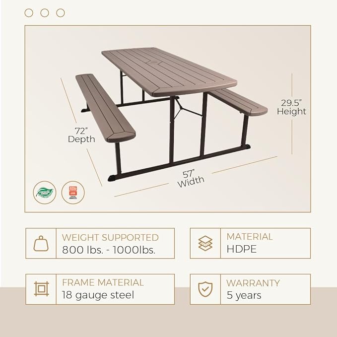 OEF Furnishings Heavy Duty Blow Molded Folding Picnic Table - Brown, Brown Frame