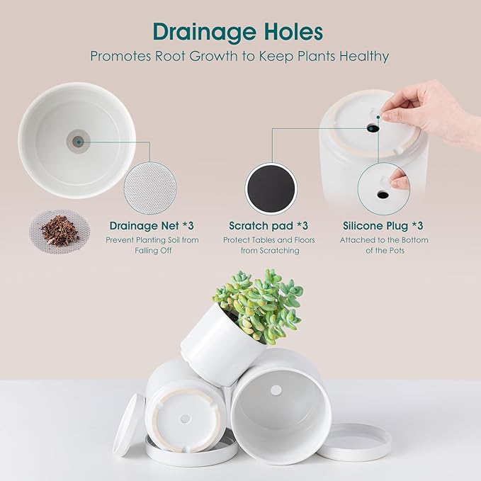 vancasso Ceramic Plant Pots, 3 Piece Planters for Indoor Plants, 4.25+5.25+6.25 Inch Flower Pots with Drainage, Plant Pots Indoor for Succulent, Pothos, Snake Plant and Money Tree, Etc (White)