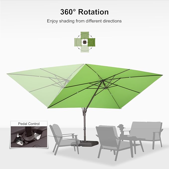 PURPLE LEAF 9' X 11.5' Rectangle Cantilever Umbrella Patio Umbrella Outdoor Aluminum Offset Hanging Umbrella with 360-degree Rotation for Pool Garden Backyard Deck, Green