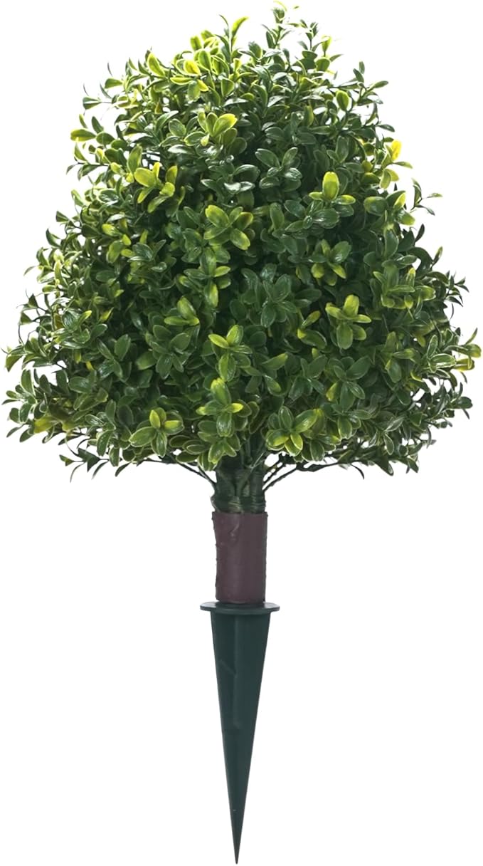 Artificial Boxwood Ball Trees with Ground Spike, 20" UV Resistant Artificial Shrubs, Fake Evergreen Artificial Plant Brush for Indoor Outdoor Front Porch Garden, 1 Pack