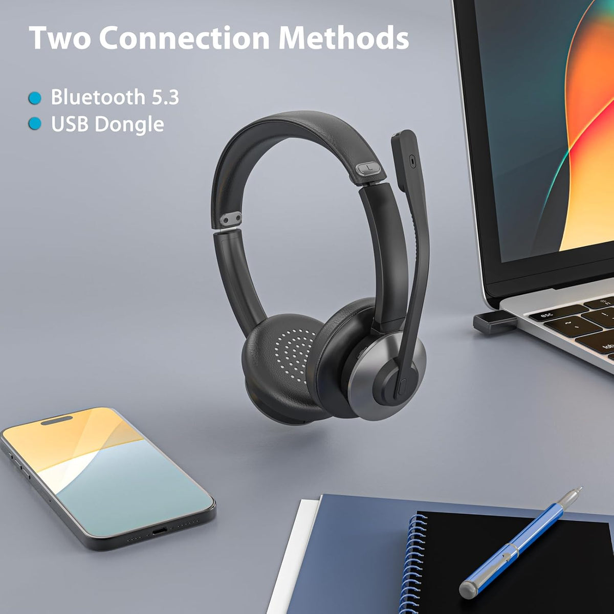 Bluetooth 5.3 Headset, Wireless Headset with Mic for Work, Wireless Headphones with Mic Noise Cancelling & USB Dongle, 26H Working Time & Mute Function, Fit for PC/Laptop/Office/Call Center/Zoom/Home