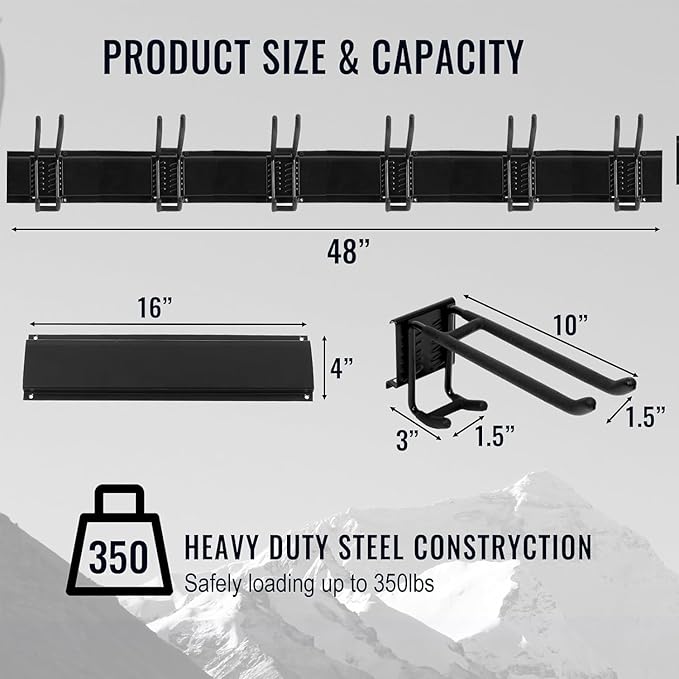 Wall Mount Tool Storage Rack, Heavy Duty Garage Storage Tool Organizer, Garden Tool Wall Hooks and Hangers, Hold Up to 350lbs Black 2Pack, AK806-Black-2Pack