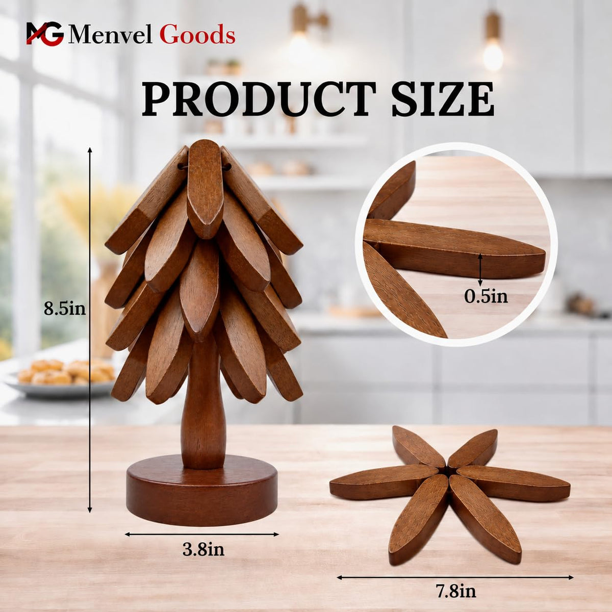 Menvel Goods Foldable Black Walnut Wooden Trivet Set for Hot Dishes - 4 Trivets + 1 Stand for Hot Dishes, Tree Coasters, Pot, Bowl, Teapot - Hot Pot Holders(Black Walnut) - Kitchen Gifts in The Box