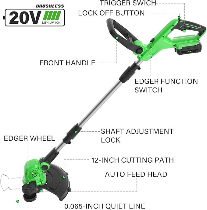 SOYUS Weed Wacker Cordless, 12 Inch String Trimmer Battery Powered with Battery and Charger, Lightweight Edger Trimmer with 8 Pcs Replace Spool Trimmer Lines