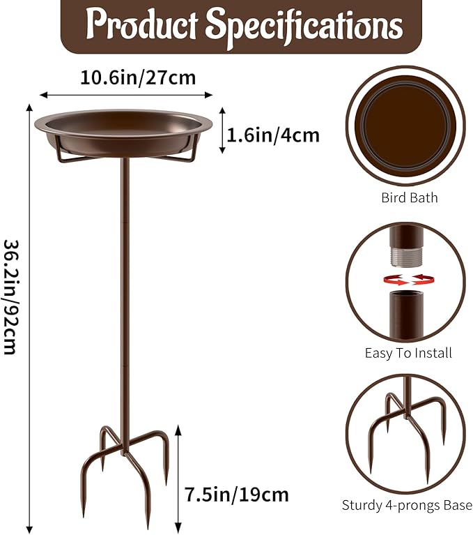 Metal Bird Bath for Outside, 36.2" Height Birdbath Bowl Standing Bird Feeders for Outdoors with 4 Prongs Base Stake, Freestanding Birdfeeders for Garden Yard Lawn Decor (Brown)