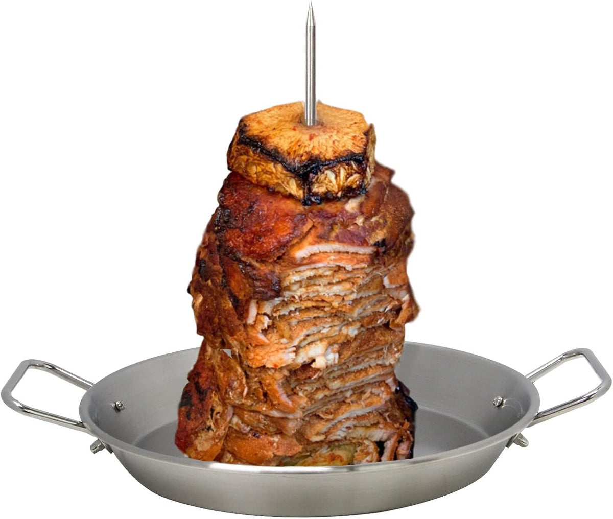 BBQ Vertical Skewer Pan Gyro Spit Shawarma Skewer Stand for oven, Al Pastor Skewer for Grill, El Pastor Hack for Tacos Al Pastor Chicken, Brazilian, Stainless Steel, with 8",10" stick