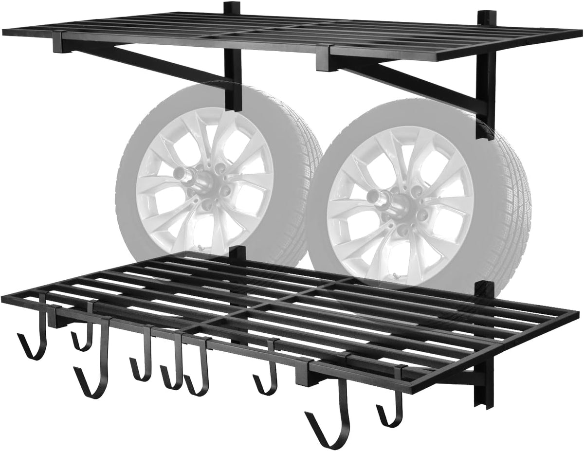 2 Pack Heavy Duty Garage Wall Shelving, 2' x 4' Wall Mount Storage Shelf, Holds 200 lbs Each, Garage Shelving Wall Mounted, Storage Rack with Hooks (Black)