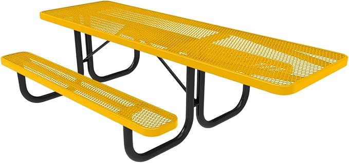 Coated Outdoor Furniture Heavy-Duty Portable ADA-Compliant Outdoor Picnic Table, Expanded Metal Patio Dining Furniture Made in America (8ft Rectangular, One-Side Handicap, Textured Yellow)