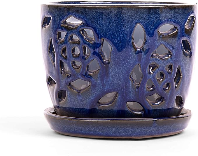 rePotme Orchid Pot - 5 inch Floral Cutout Ceramic Orchid Pot with Holes (Midnight Blue) - Includes Matching 5 inch Slotted Pot Liner