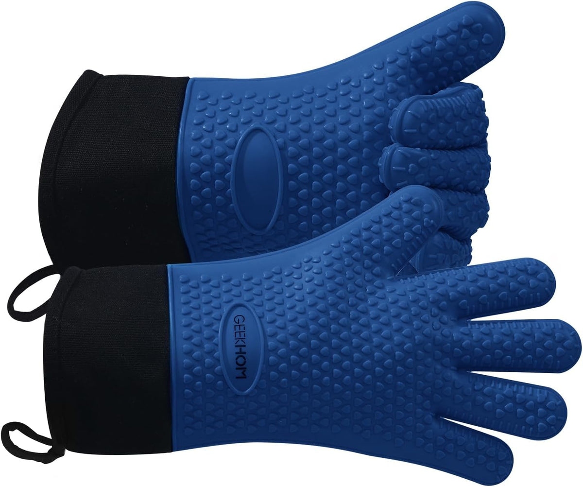 GEEKHOM BBQ Gloves Heat Resistant Oven Mitts - Silicone Grilling Gloves with 13.7" Arm Protection - Waterproof Pot Holder Non-Slip for Men & Women, Kitchen Outdoor Cooking, Baking, Camping, Royal Blue