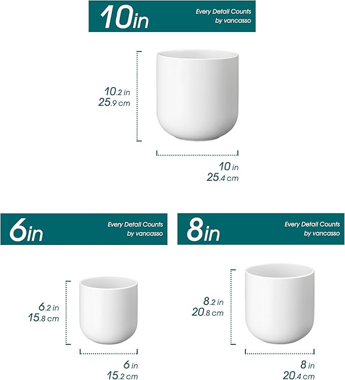 vancasso 6+8+10 inches Ceramic Plant Pots, Set of 3, Planters with Drainage Hole, Flower Pots Planters Pots for Indoor Plants, Modern Indoor Decorative Garden Pot, Home Decor, White