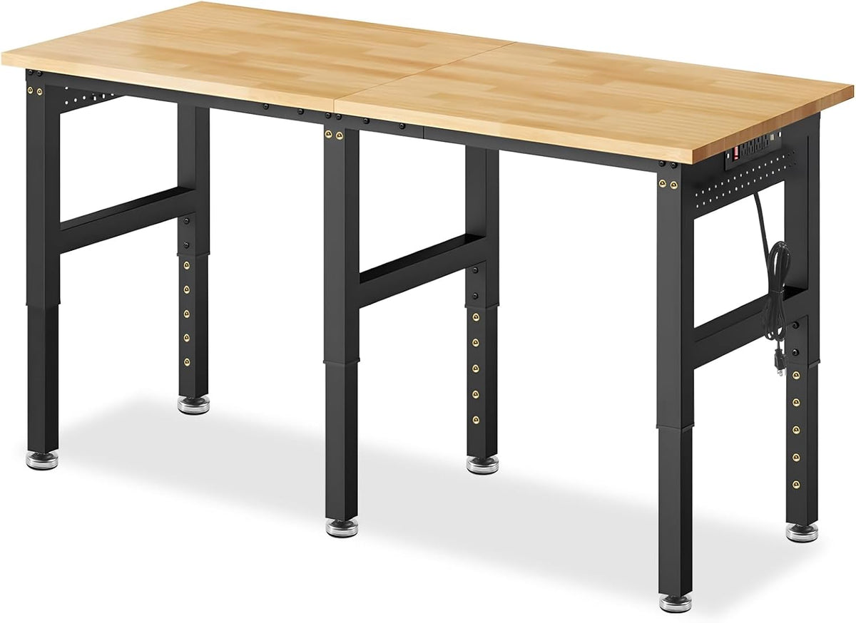 MUWOOD 72” Adjustable Height Workbench, 5000 LBS Heavy Duty Table Rubber Wood Workstation with Power Outlet & Pegboard for Garage, Office, Workshop, Home,Commercial