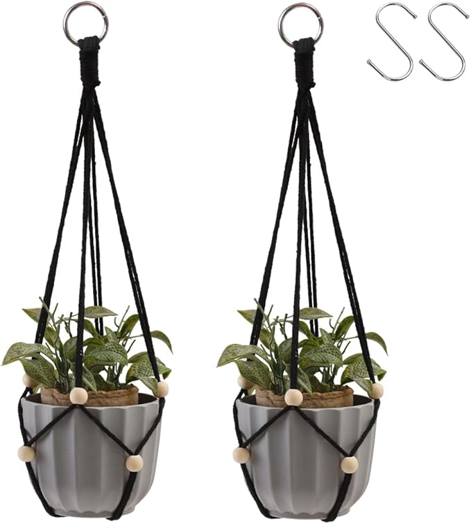 Artilady Black Hanging Planter for Indoor Plants Macrame Plant Hanger Large Hanging Plant Holder Basket with Adjustable Beads Outdoor Window Boho Plant Wall Decor