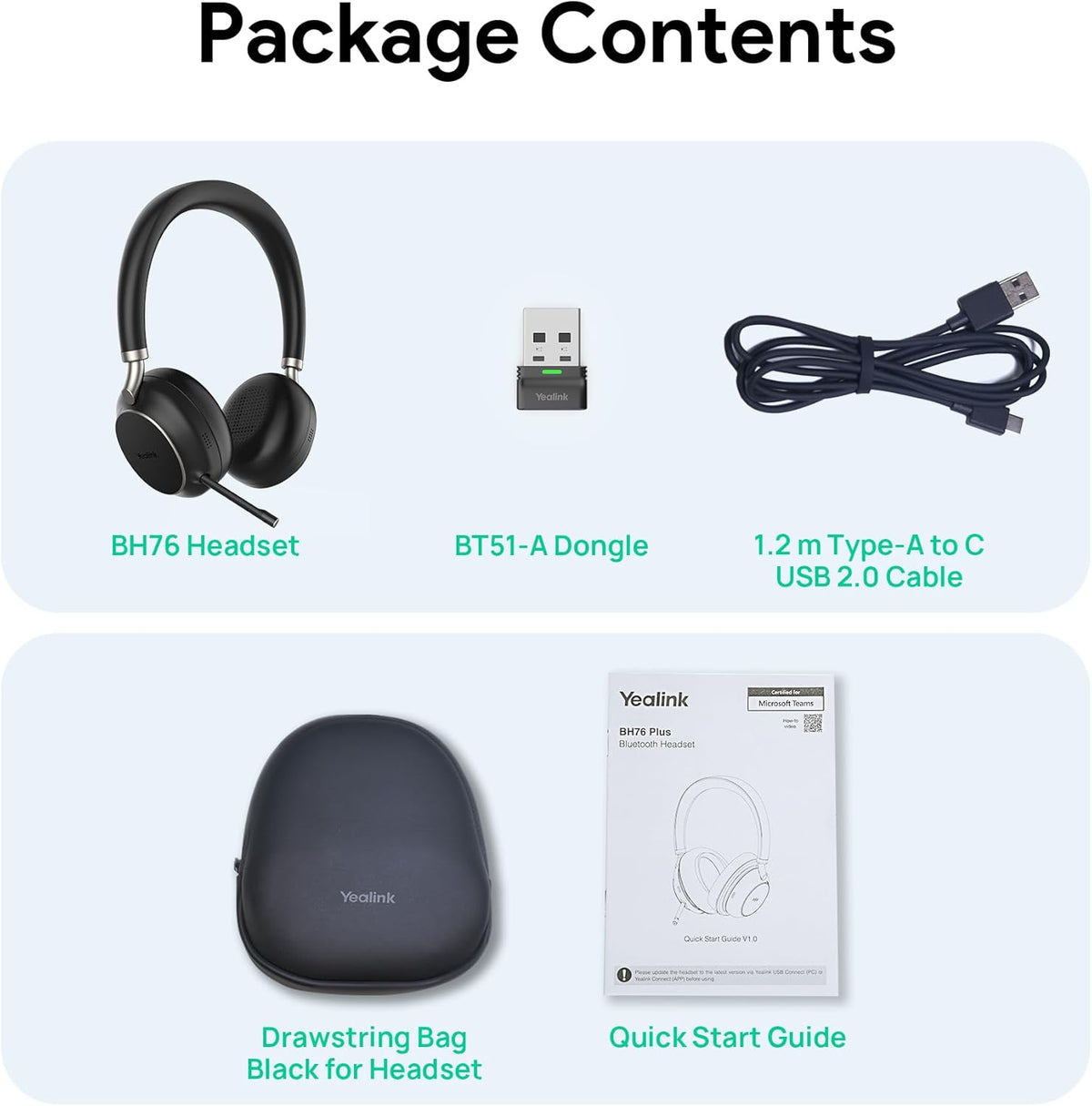 Yealink BH76 (2022 Old Edition) Wireless Headset Active Noise Cancelling (ANC) Bluetooth Headphone with Retractable Mic-Boom, Teams Certified On-Ear Headphone, up to 35h Talking Time, USB-A Dongle