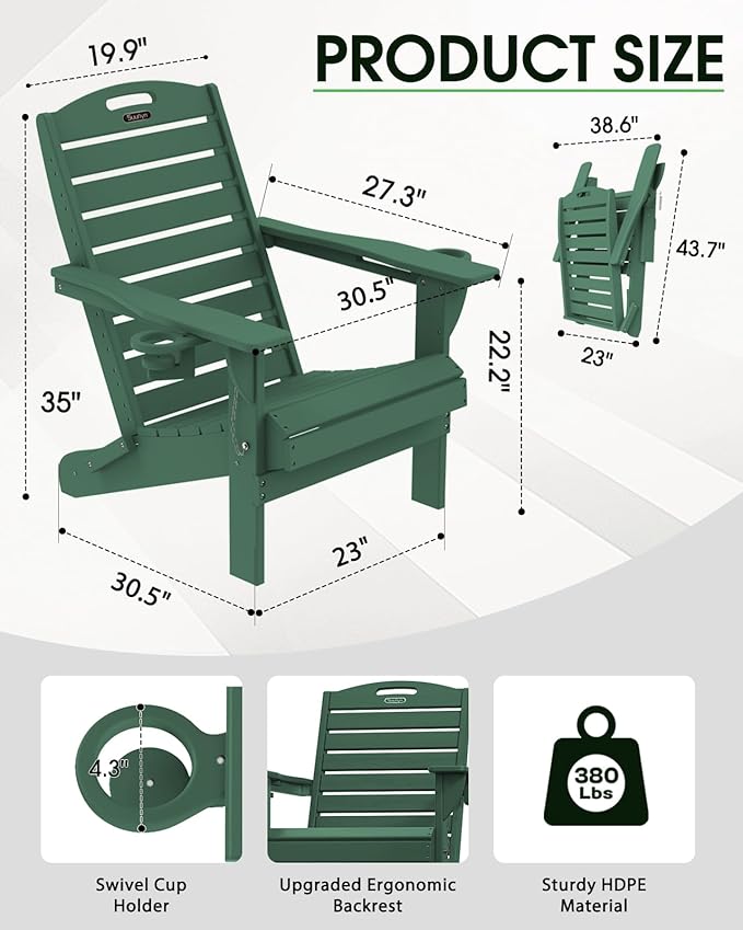 Adirondack Chairs Set of 2, Outdoor Fire Pit Chairs, HDPE All-Weather Adirondack Chairs with Cup Holder, Lawn Chair for Deck, Patio, Garden (Green)