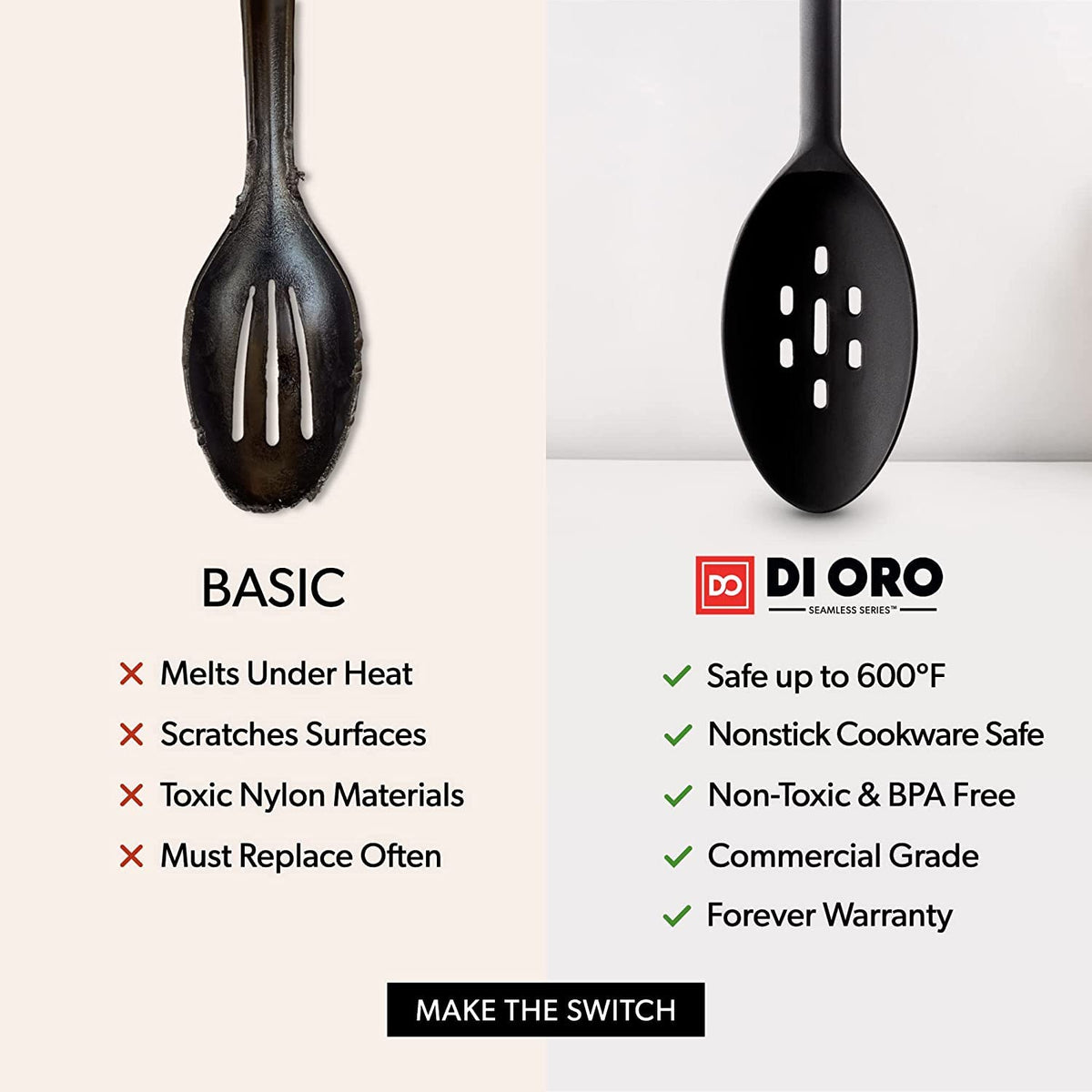 DI ORO Silicone Cooking Spoons - Solid & Slotted Set, 2-Pc Black