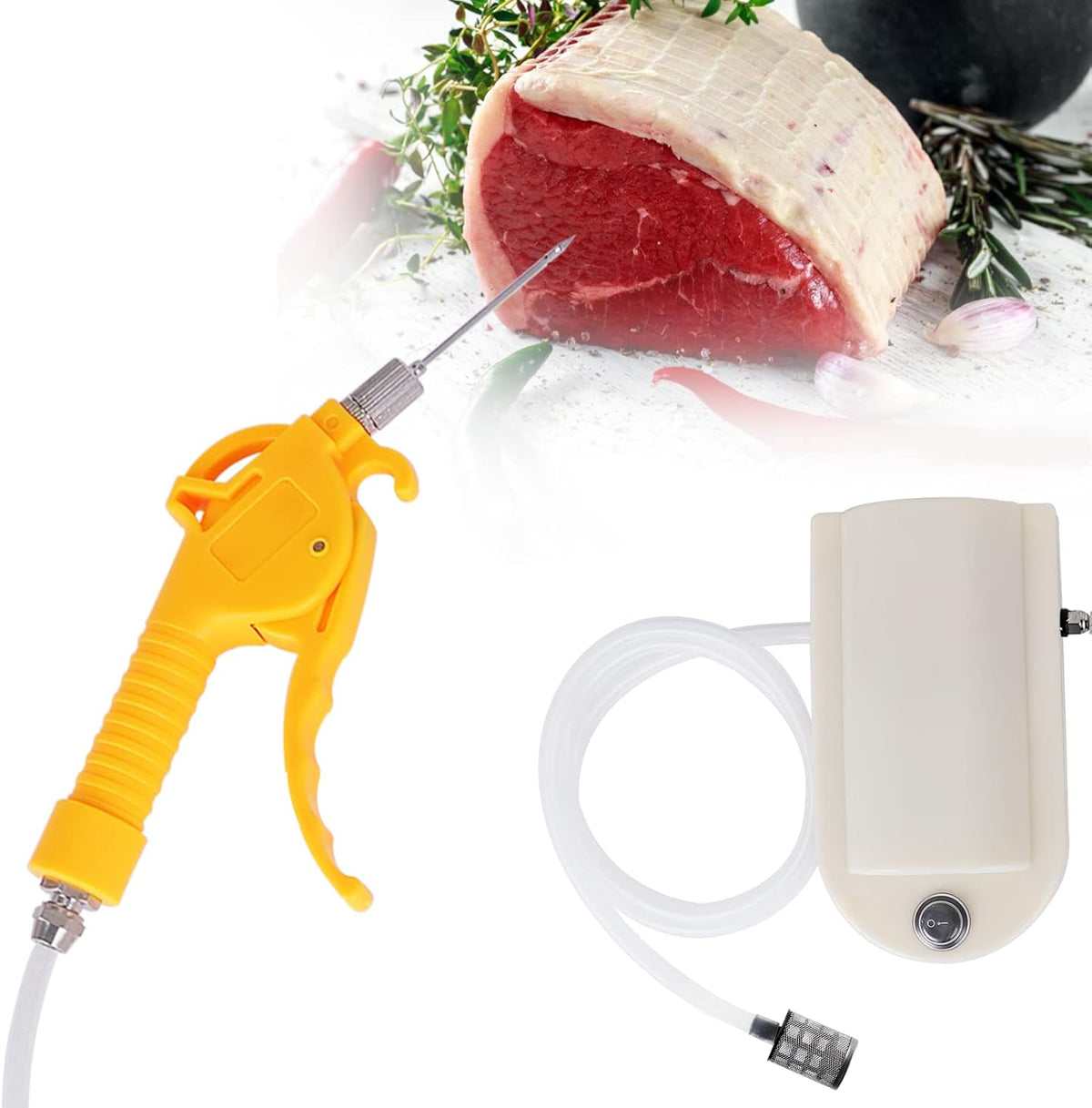 Electric Meat Injector Gun Pump with Hose, 50W Automatic Marinade Injector Syringe Kit for BBQ, Turkey Pork Beef, 10 Stainless Steel Needles for Home Kitchen & Outdoor Grilling