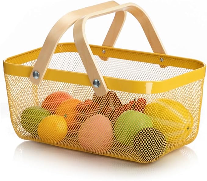 Portable Mesh Harvest Basket - Natural Bamboo Handle Foldable Organizer for Kitchen, Garden & Picnic | Ventilated Storage Bin with Rust-Proof Wire, Space-Saving Farmhouse Decor (Lemon Yellow)