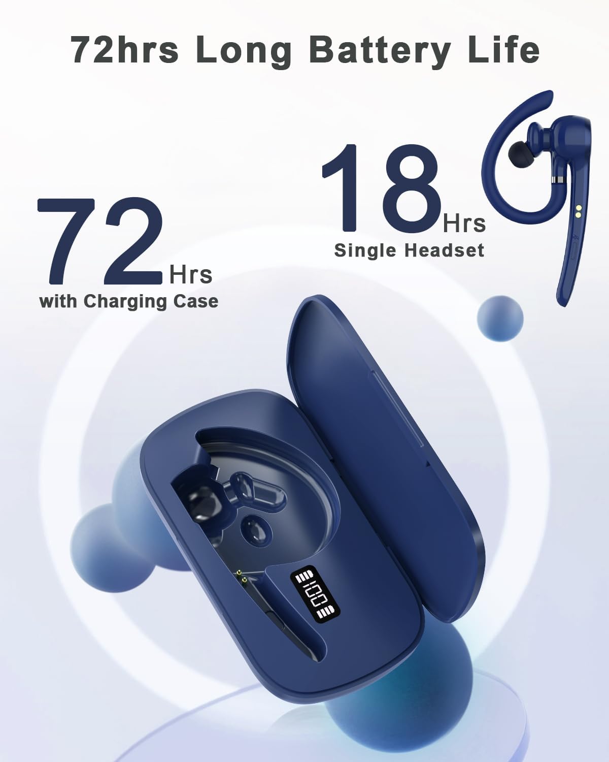 Bluetooth Headset, Wireless Bluetooth Earpiece with 500mAh Charging Case 72 Hours Talking Time Built-in Microphone for iOS Android Cell Phone, Hand-Free Headphones for Trucker, Office-Blue