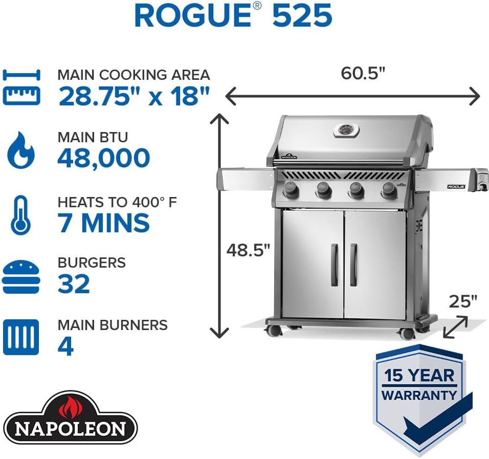 Napoleon Rogue 525 Propane Gas Grill, Stainless Steel, Durable 4-Burner Outdoor BBQ