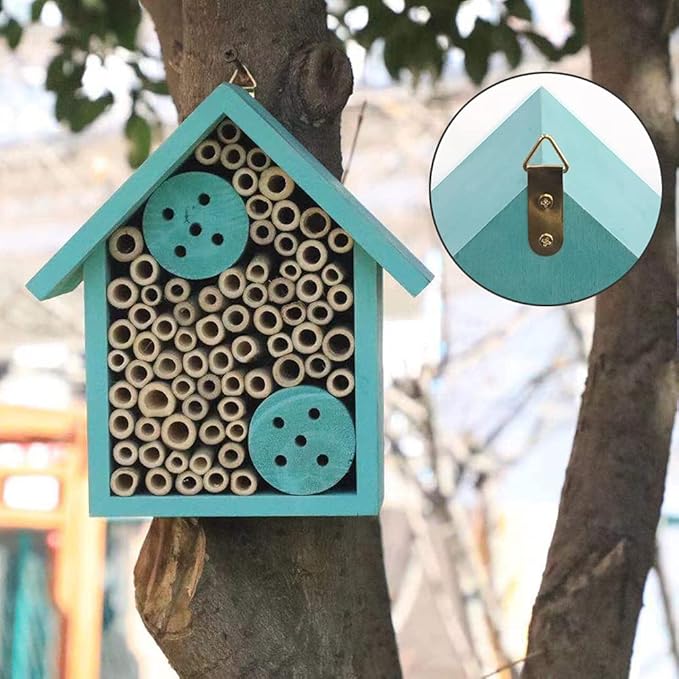 Mason Bee Houses Outdoor Wooden Blue Bee Hotel for Garden and Yard Hand-Made Bamboo Bee Hive for Bees Butterflies and Ladybugs, Medium Size 8"x7.5"x5"
