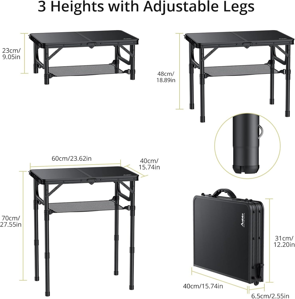Folding Camping Table with Storage Net, Pure Black Aluminum 2ft Picnic Table 23.2" x 16" Outdoor Table Adjustable Height Max 27.5", Lightweight, Waterproof, Portable Handle for Travel Cooking