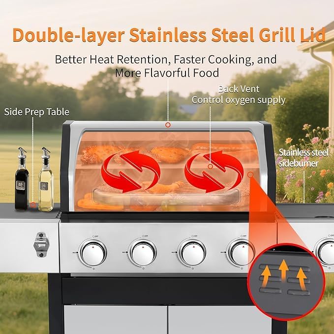 4-Burner Propane Gas Grill With Side Burner, 34,200 BTU Outdoor BBQ Grill with Stainless Steel Warming Rack & Enameled Cooking Grids – Foldable Side Tables, Built-in Thermometer – Heavy-Duty 6" Wheels