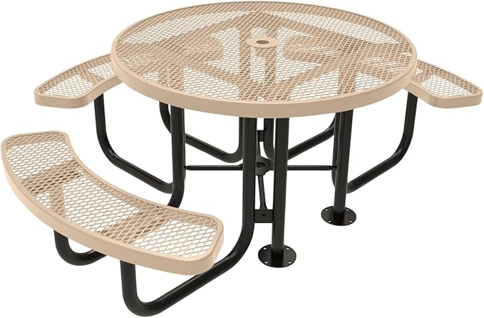 Heavy-Duty Portable Outdoor Picnic Table with Umbrella Hole, Expanded Metal Patio Dining Furniture Made in America (46" Round Top, Tan)