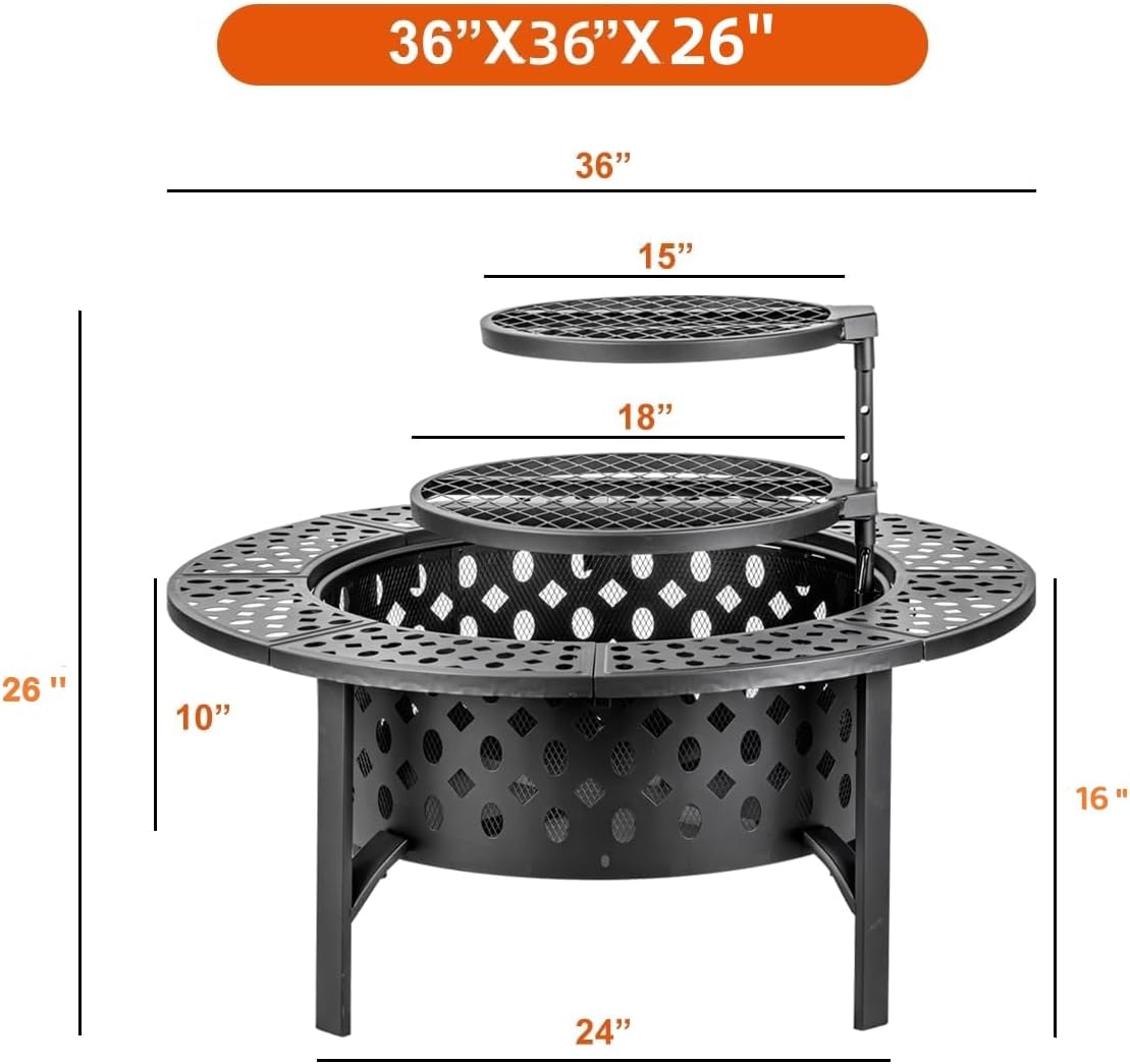 36 Inch Fire Pit with 2 Grills, Wood Burning Fire Pits for Outside with Lid, Poker and Round Waterproof Cover, BBQ& Outdoor Firepit & Round Metal Table 3 in 1 for Patio, Picnic, Party