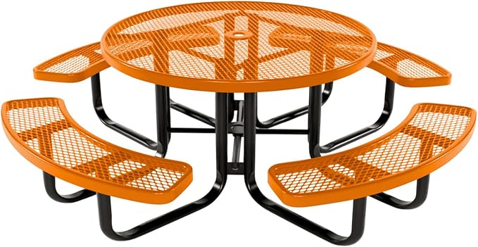 Heavy-Duty Portable Outdoor Kids Table with Umbrella Hole, Expanded Metal Kids Picnic Table, Commercial-Grade, Made in America (46 in, Round, Childrens, Textured Orange)
