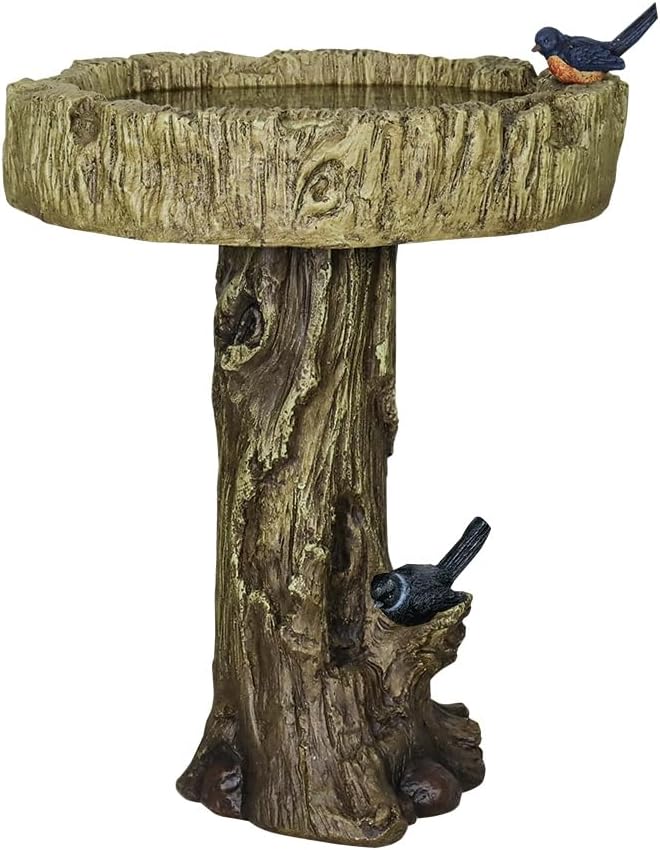 SKYFIRE 24.4” H Fibre Reinforced Concrete Outdoor Garden Bird Bath with Birds, Woodland Tree Trunk Decoration Yard Statue，Pedestal Birdbaths for Outdoors, Garden, Patio, Lawn, Backyard