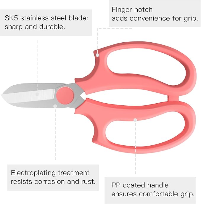 Flower Scissors, Strong Floral Shears, Premium Steel Garden Pruning Shears Floral Fruits Leaf Scissors Hand Pruner Snip Trimming Tool for Gardening Flower Arrangement, Pink