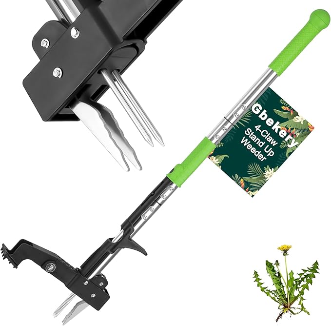 4-Claw Weed Puller Tool Stand Up Heavy Duty, 40'' Long Weeding Tool with Long Handle Stainless Steel Claws Gardening Weed Pulling Tool for Lawn and Garden